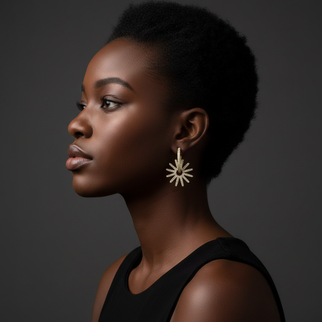 A close-up side profile of a woman with short dark hair wearing a gold sunburst earring and a black sleeveless top against a dark gray studio background.