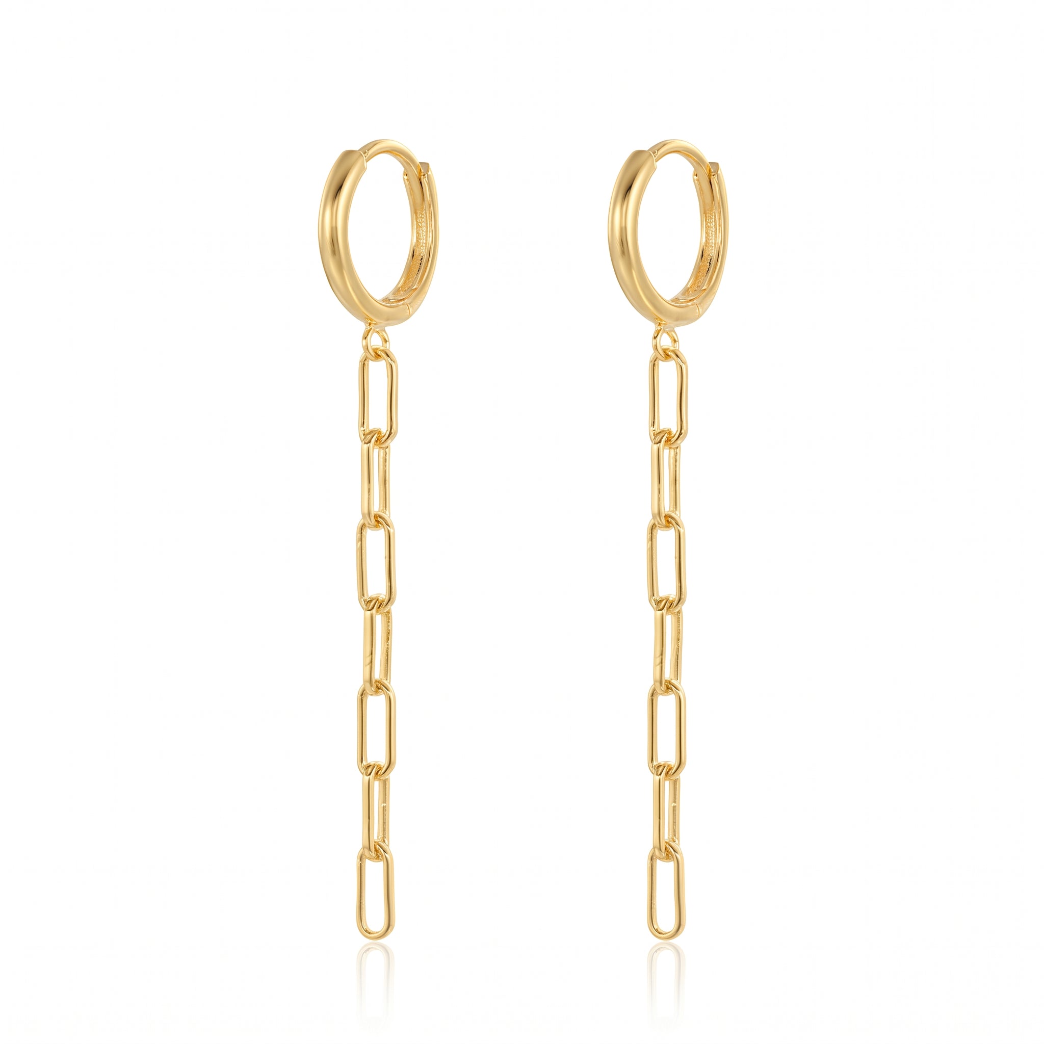 A pair of gold hoop earrings with a dangling paperclip chain, shown on a clean white background with a subtle reflection.