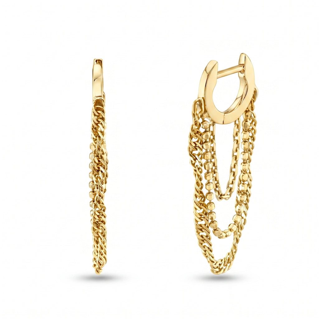 A pair of gold huggie hoop earrings with dangling multi-strand chain links, shown from both the side and front angles on a white background.