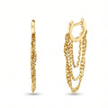 A pair of gold huggie hoop earrings with dangling multi-strand chain links, shown from both the side and front angles on a white background.